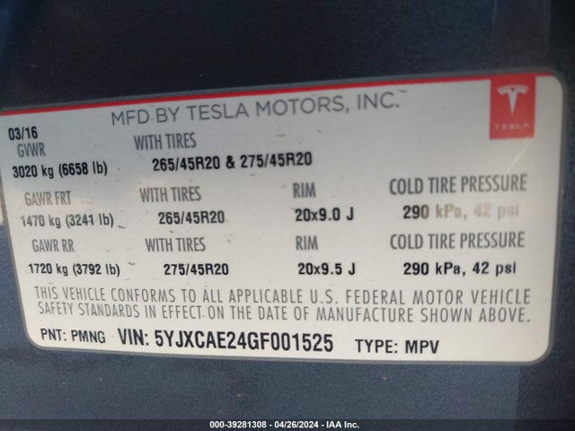 Tesla Model X 60d/70d/75d/90d 2016 5YJXCAE24GF001525 Image 9
