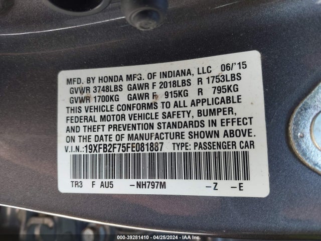 Honda CIVIC SE 2015 19XFB2F75FE081887 Image 9