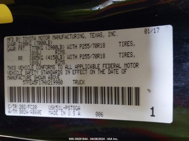 5TFEW5F17HX219980 Toyota Tundra Sr5 5.7l V8
