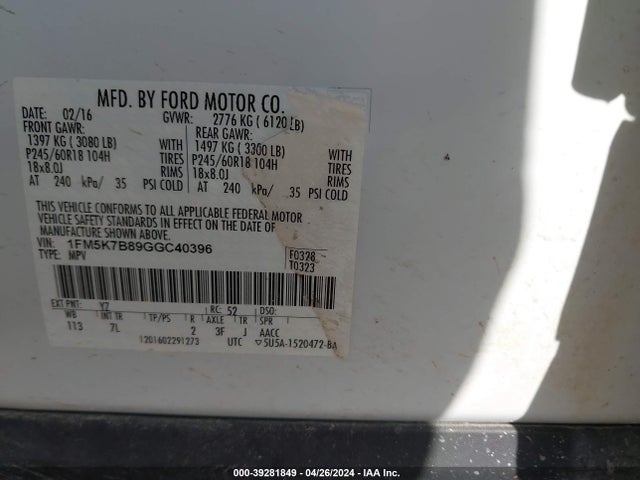 Ford Explorer 2016 1FM5K7B89GGC40396 Image 9