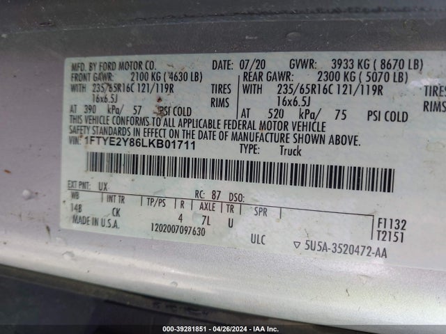 Ford Transit-150 2020 1FTYE2Y86LKB01711 Image 9