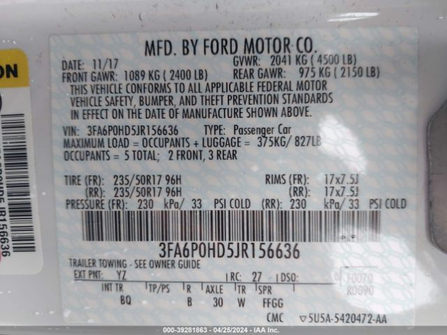 3FA6P0HD5JR156636 Ford FUSION SE