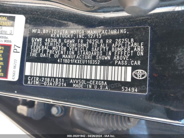 4T1BD1FKXEU110352 Toyota Camry Hybrid Xle
