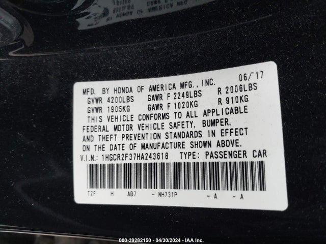 Honda ACCORD LX 2017 1HGCR2F37HA243618 Image 9