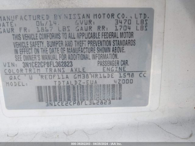 3N1CE2CP8FL362823 Nissan Versa Note S (sr)/s Plus/sl/sr/sv