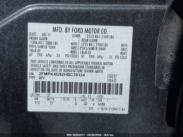 Ford EDGE SE 2017 2FMPK4G92HBC39334 Image 9