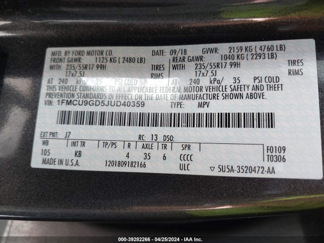 Ford ESCAPE SE 2018 1FMCU9GD5JUD40359 Image 9