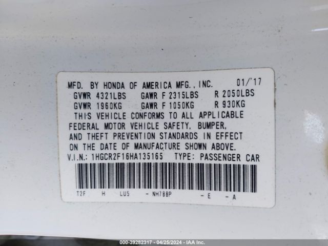 1HGCR2F16HA135165 Honda Accord Sport Se
