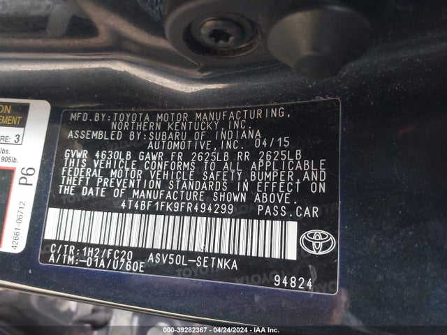 Toyota CAMRY LE 2015 4T4BF1FK9FR494299 Image 9