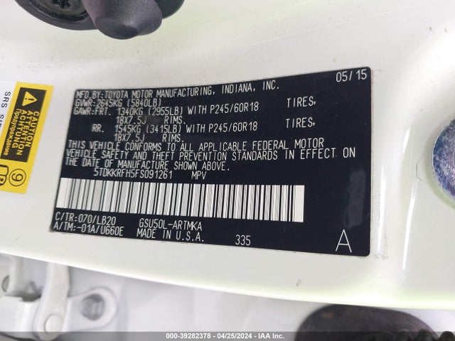 Toyota Highlander Xle V6 2015 5TDKKRFH5FS091261 Image 9