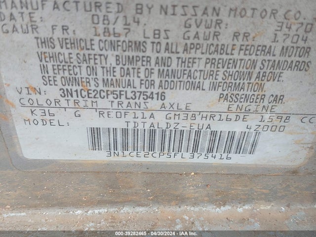 Nissan Versa Note S (sr)/s Plus/sl/sr/sv 2015 3N1CE2CP5FL375416 Image 9
