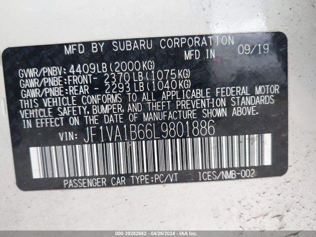 Subaru Wrx Premium 2020 JF1VA1B66L9801886 Image 9