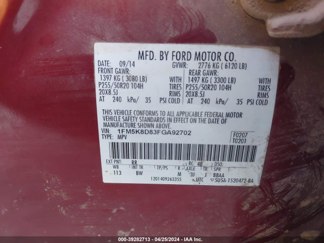 Ford EXPLORER XLT 2015 1FM5K8D83FGA92702 Image 9