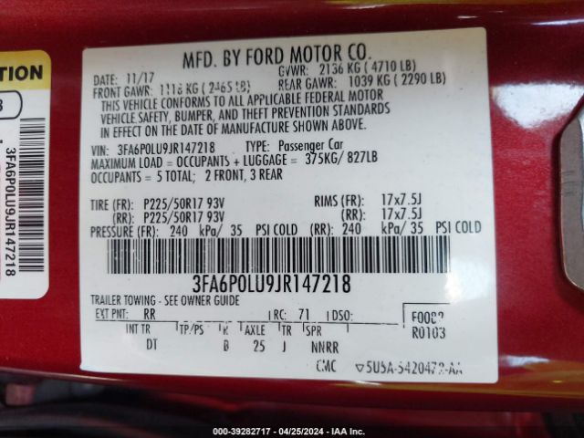3FA6P0LU9JR147218 Ford Fusion Hybrid Se