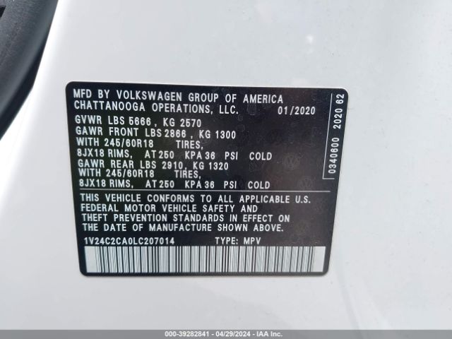 1V24C2CA0LC207014 Volkswagen Atlas Cross Sport 2.0t Se