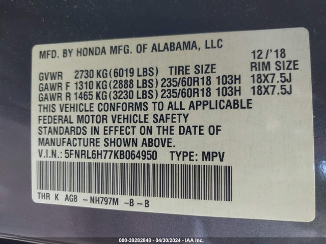 Honda Odyssey Ex-l 2019 5FNRL6H77KB064950 Image 9