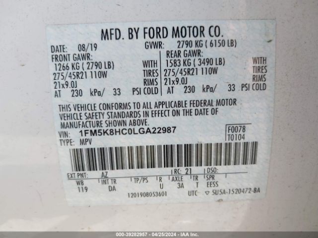 1FM5K8HC0LGA22987 Ford Explorer Platinum