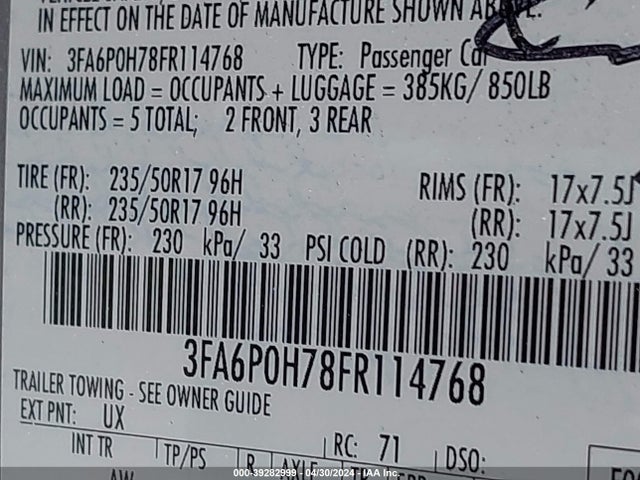 Ford FUSION SE 2015 3FA6P0H78FR114768 Image 9