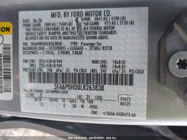 Ford FUSION SE 2020 3FA6P0HD0LR263838 Image 9