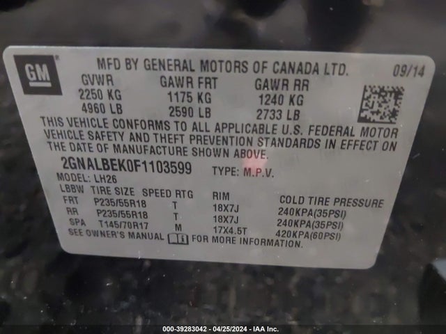 Chevrolet EQUINOX 1LT 2015 2GNALBEK0F1103599 Image 9