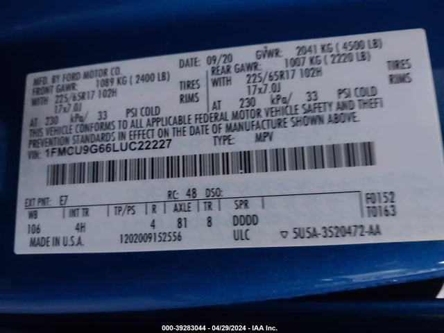 Ford ESCAPE SE 2020 1FMCU9G66LUC22227 Image 9