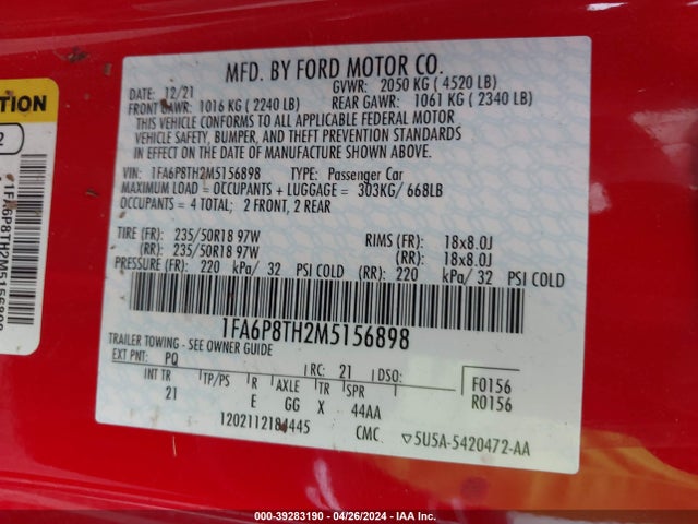 Ford Mustang Ecoboost Fastback 2021 1FA6P8TH2M5156898 Image 9