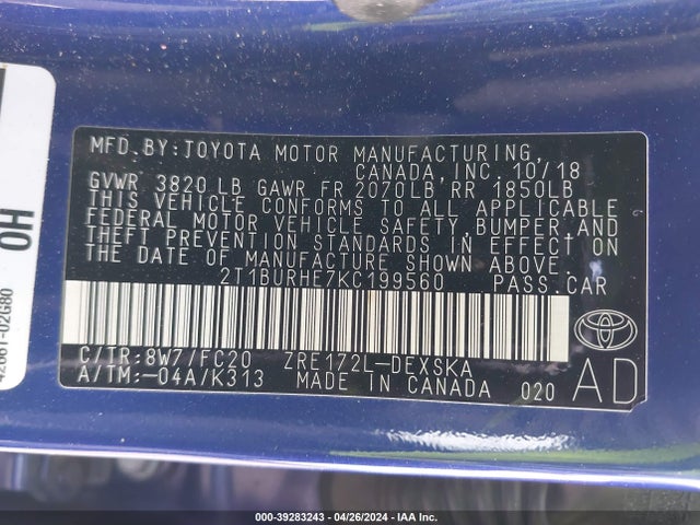 Toyota COROLLA SE 2019 2T1BURHE7KC199560 Image 9