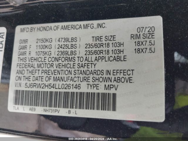 5J6RW2H54LL026146 Honda Cr-v Awd Ex