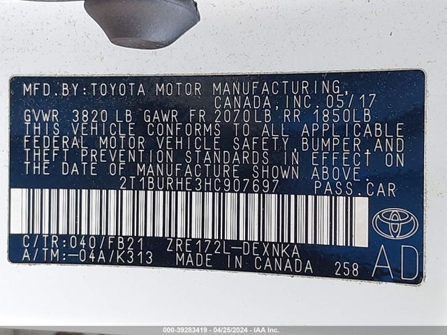 Toyota COROLLA LE 2017 2T1BURHE3HC907697 Image 9