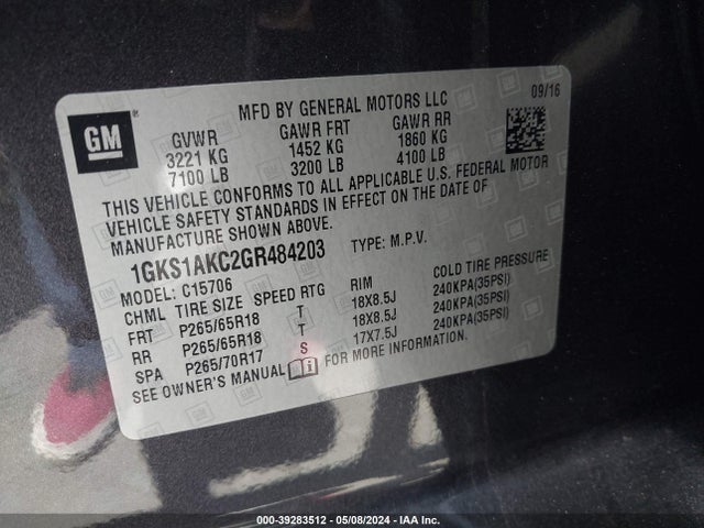 1GKS1AKC2GR484203 GMC YUKON SLE