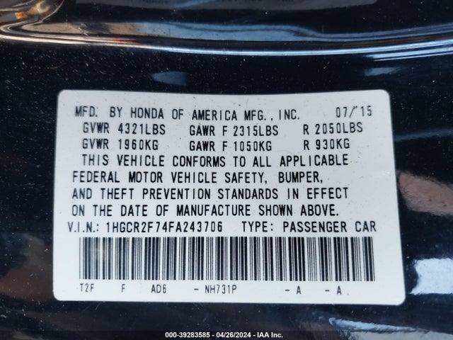 Honda ACCORD EX 2015 1HGCR2F74FA243706 Image 9