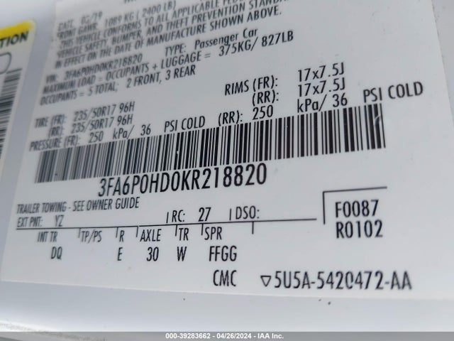 Ford FUSION SE 2019 3FA6P0HD0KR218820 Image 9