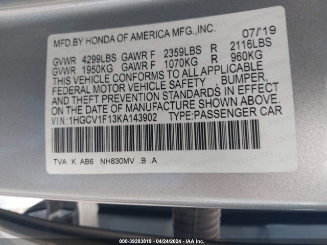 Honda ACCORD LX 2019 1HGCV1F13KA143902 Image 9