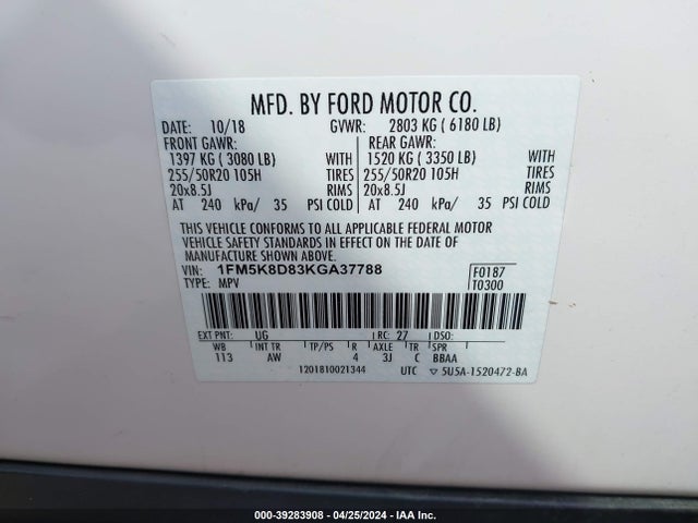 Ford EXPLORER XLT 2019 1FM5K8D83KGA37788 Image 9