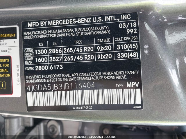 4JGDA5JB3JB116404 Mercedes-Benz GLE 350