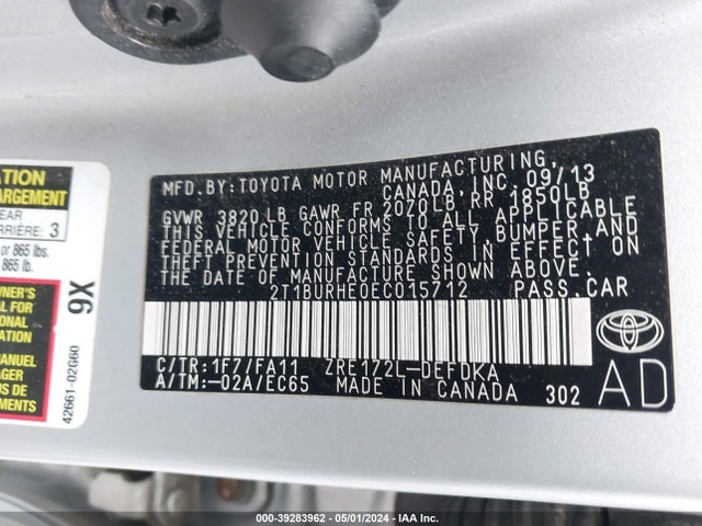 Toyota COROLLA L 2014 2T1BURHE0EC015712 Image 9