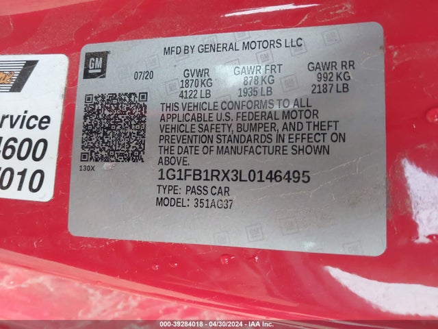 Chevrolet Camaro Rwd  1lt 2020 1G1FB1RX3L0146495 Image 9