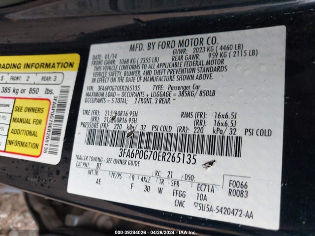 Ford FUSION S 2014 3FA6P0G70ER265135 Image 9
