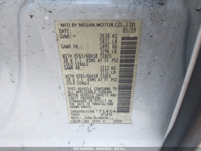 Nissan Frontier Sl 2019 1N6AD0EV1KN771454 Image 9