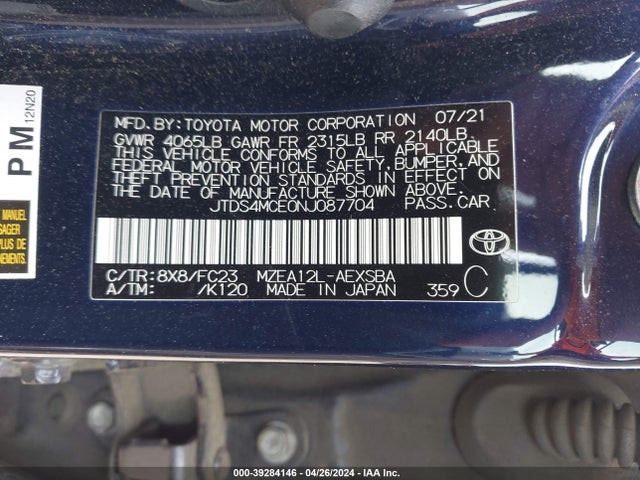 Toyota COROLLA SE 2022 JTDS4MCE0NJ087704 Image 9