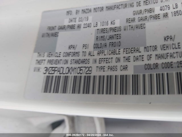 3MZBPADL0KM105729 Mazda Mazda3 Preferred Package