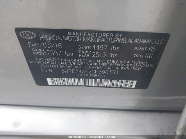 Hyundai Sonata 2016 5NPE24AF2GH390333 Image 9