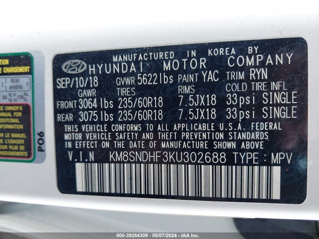 KM8SNDHF3KU302688 Hyundai Santa Fe Xl Se