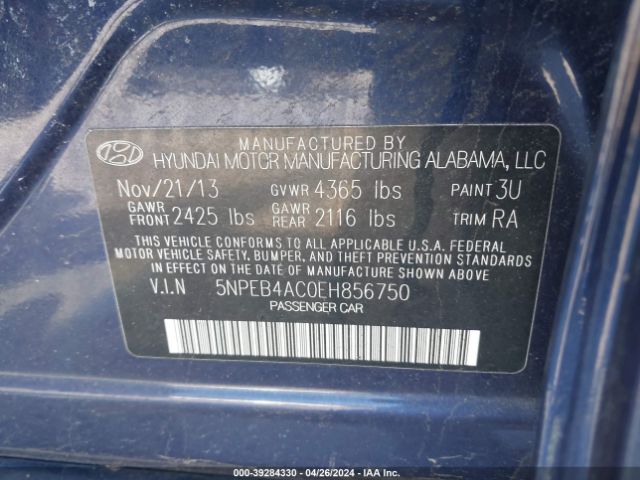 5NPEB4AC0EH856750 Hyundai SONATA GLS