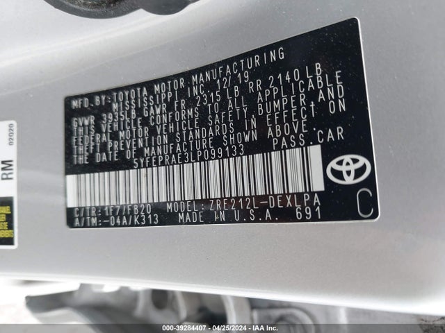 Toyota COROLLA LE 2020 5YFEPRAE3LP099133 Image 9