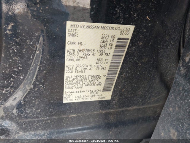 Nissan Titan Sv 4x2 2022 1N6AA1EE8NN104304 Image 9