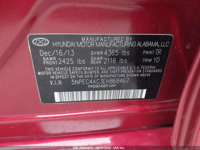 Hyundai Sonata Limited 2014 5NPEC4AC3EH868467 Image 9