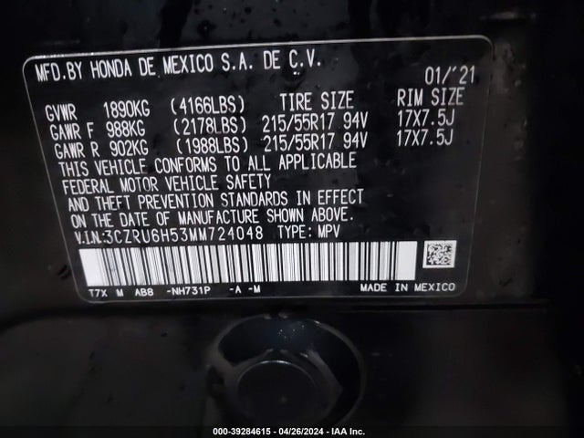 Honda Hr-v Awd Ex 2021 3CZRU6H53MM724048 Image 9