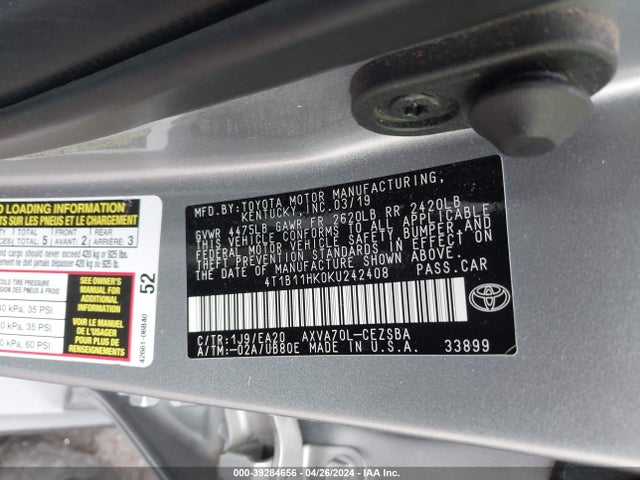 Toyota CAMRY SE 2019 4T1B11HK0KU242408 Image 9
