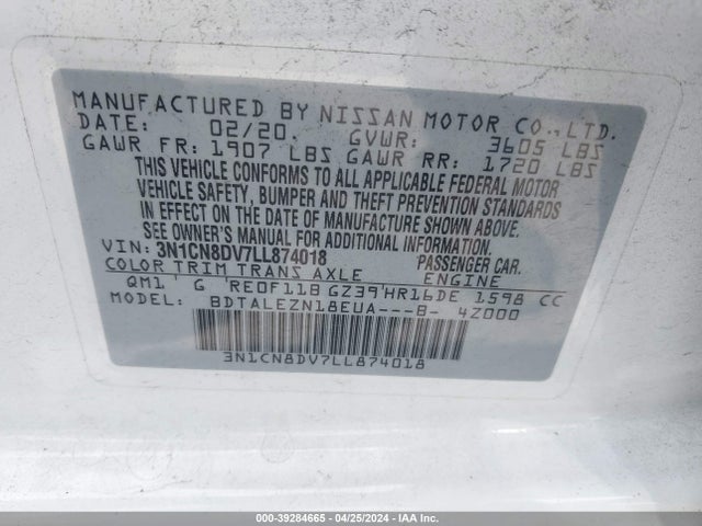 Nissan Versa S Xtronic Cvt 2020 3N1CN8DV7LL874018 Image 9